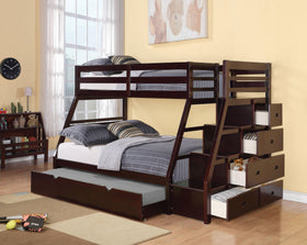 Acme Jason Twin over Full Bunk Bed with Storage Ladder and Trundle in Espresso 37015