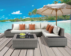 Acme Salena Patio Sectional with Cocktail Table in Beige Fabric & Gray Wicker 45020