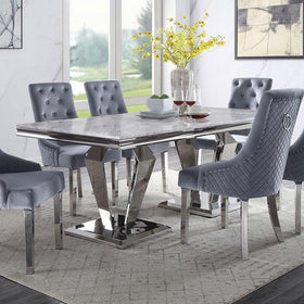 Satinka Light Gray Printed Faux Marble & Mirrored Silver Finish Dining Room Set