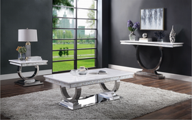 Zander White Printed Faux Marble & Mirrored Silver Finish Table Set