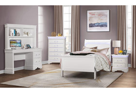 CHARLIE WHITE TWIN BED, DESK WITH HUTCH, NIGHTSTAND AND CHEST