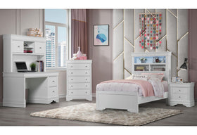 POMPEI METALLIC WHITE BOOKCASE TWIN BED WITH DESK AND HUTCH, NIGHTSTAND AND CHEST